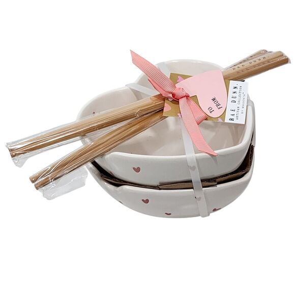 Rae Dunn Set of 2 Heart Shaped Ceramic Ramen‎ Noodle Bowl With Chopsticks NEW - Picture 1 of 16